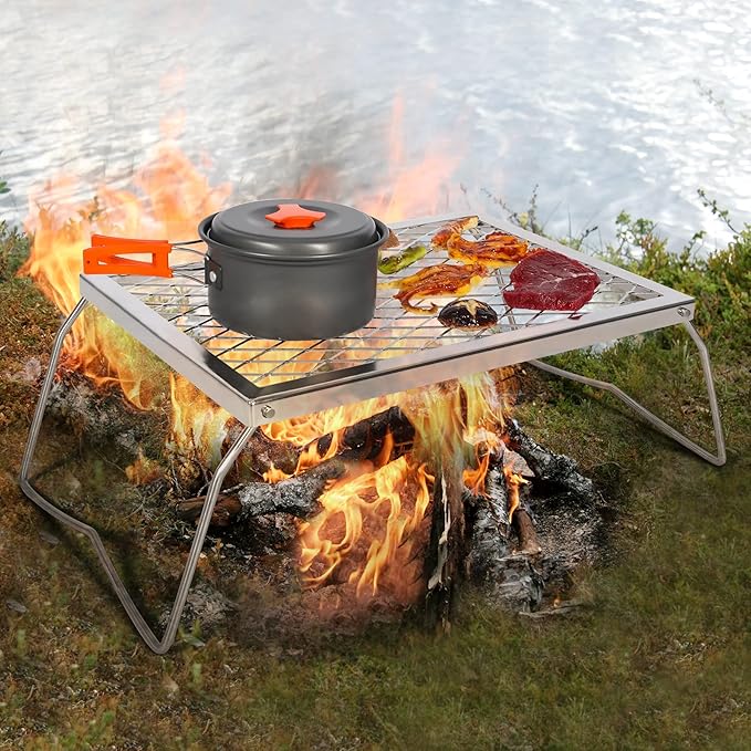 REDCAMP Folding Stainless Campfire Grill Heavy Duty Steel Grate, Portable Camp Fire Cooking Racks for Over Fire Pit