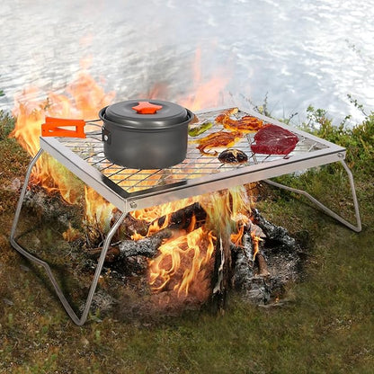 REDCAMP Folding Stainless Campfire Grill Heavy Duty Steel Grate, Portable Camp Fire Cooking Racks for Over Fire Pit