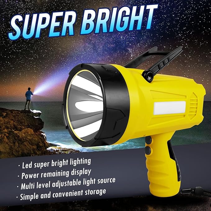 10000 Lumen Rechargeable Ultra Bright LED Spotlight Flashlight, High Powered Work Light + Collapsible Tripod - Perfect for Camping, Hiking, Hunting, Emergencies & Outdoors