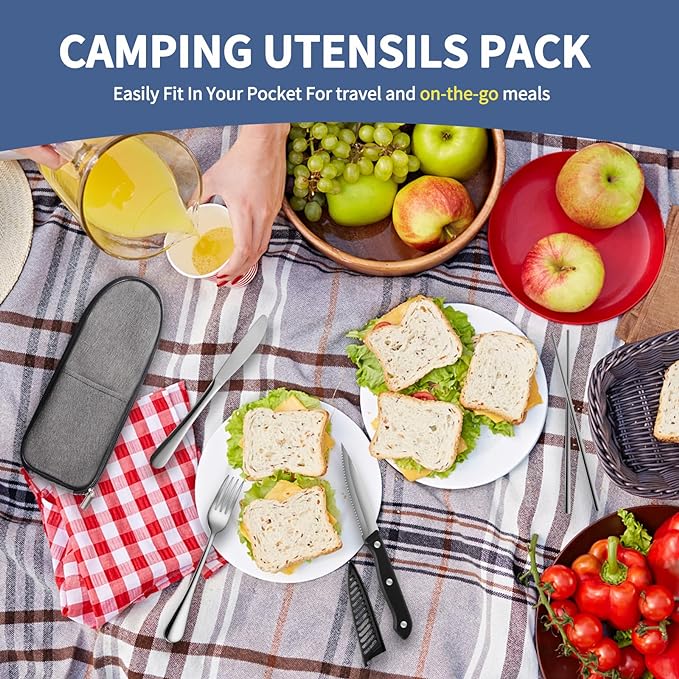 Portable Travel Utensils Set,Reusable Utensils,Travel Camping Cutlery Set,Stainless Steel Flatware Set with Case,Lunch Boxes Workplace Camping School Picnic (Sivler)