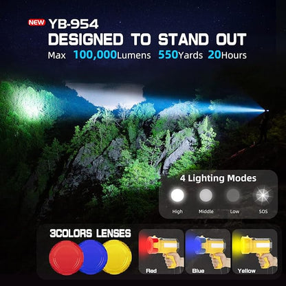 YIERBLUE Solar & Rechargeable Spotlight Flashlight, 1000,000 High Lumen Outdoor Handheld Spot Lights with Flood Light Searchlight, Foldable Stand and 3 Colors Lenses for Boating Hunting and Camping