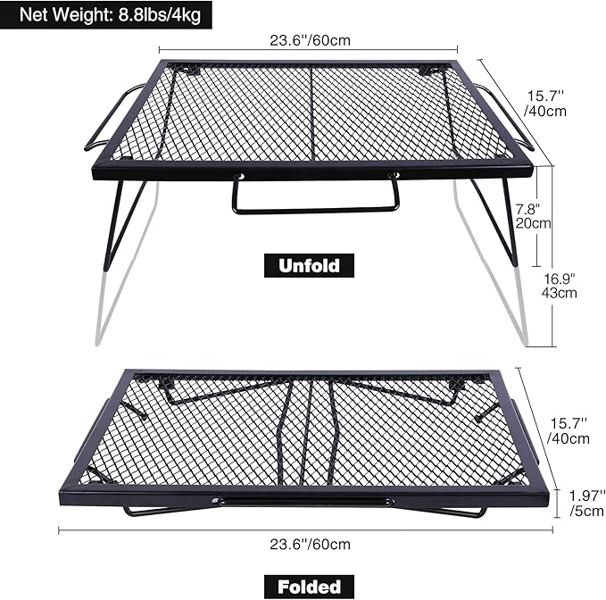 REDCAMP 2 in 1 Folding Camping Grill Grate, Folding Grill Table for Outdoor Open Flame Cooking for Camping Portable Over Fire Camp Grill