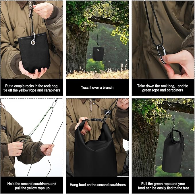 2 Sets Bear Food Bag Hanging System Ultralight Food Bag Hanging System Include 10 L Waterproof Bear Bag for Food Backing, Pulley System, Nylon Ropes and Clips for Camping Backpacking