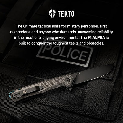 F1 Alpha Folding Pocket Knife - Modified Straight Back Blade,Titanium Coated D2 Steel, Ideal for Outdoor Camping and Backpacking, Tactical Carbon Fiber Handle, Blue Titanium Accents