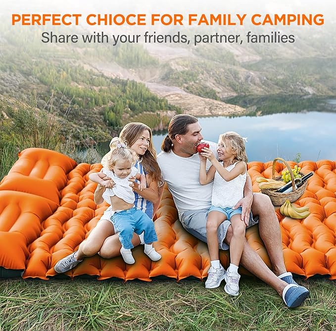 Double Camping Sleeping Pad, Self Inflatable 4'' Extra-Thick 2 Person Pillow Built-in Foot Pump Ultralight Sleeping Mat for Backpacking Tent, Hiking, Traveling-Orange