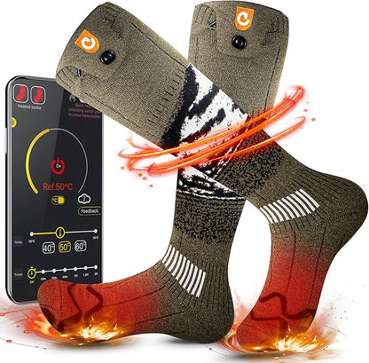 Heated Socks for Men Women - OIGOGOI 5000mAh Rechargeable Electric Heated Socks Foot Warmers 3 Heating Settings with APP Remote Control for Skiing Hiking Camping Running Fishing