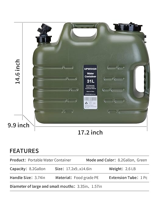 Camping Water Container, 8.2 Gallon Water Jug(17.2x14.6x9.9 in), Truly No Leakage Water Storage, Big Green Water Tank,BPA Free Portable Emergency Water Storage for Camping, Hiking