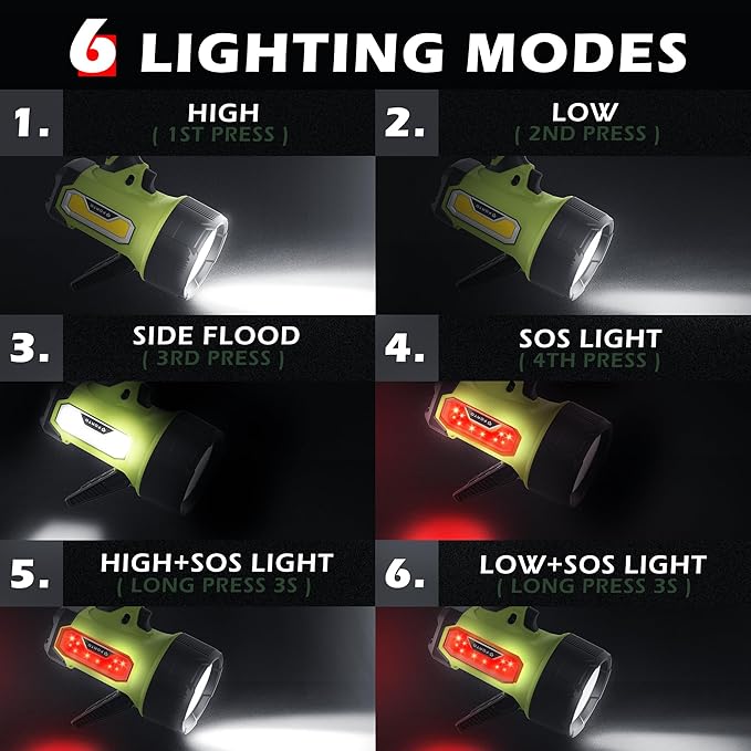 FORTO Rechargeable Spotlight Flashlight with 2000 Lumens, Handheld Spotlight with Foldable Stand, 6 Light Modes IPX7 Waterproof LED Spot Lights Outdoor for Boating Hunting Hiking(Light Green)