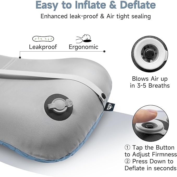 OUTSKIRT Inflatable Travel Pillow, 2-in-1 Camping Pillows for Sleeping, Ergonomic & Lightweight Small Backpacking Pillow for Travel, Hiking, Camping & Outdoor Activities, Blue