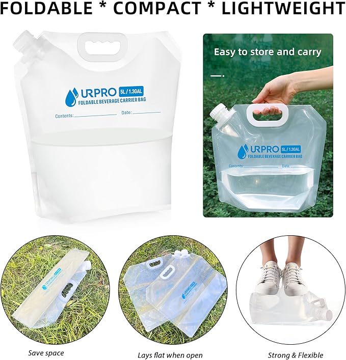 3 Packs Water Storage Carrier Bag, Premium Collapsible Container 5L/ 10L BPA Free Food Grade No-Leak Freezable Foldable for Camping Hiking Backpack Emergency
