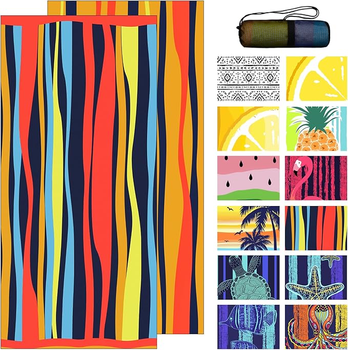 Bnuitland Colorful Hand-Drawn Lines Pattern Beach Towel (35X75 inches), Oversized Quick Drying Absorbent Sand Free, Cute Towels for Travel Swimming Pool Picnic, 88% Polyester and 12% Polyamide