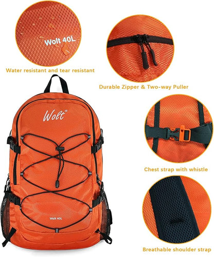 WOLT 40L Packable Travel Backpack, Foldable Lightweight Backpack for Men Women,Waterproof Hiking Bag for Outdoor Camping (Orange)