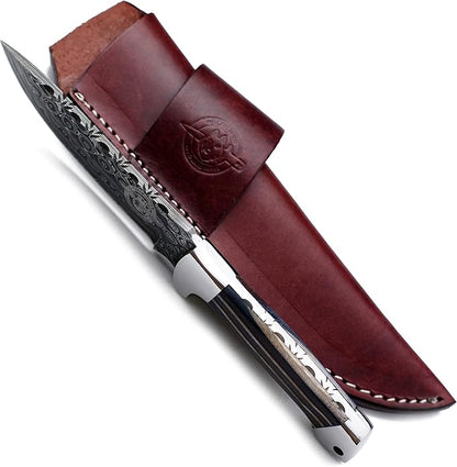 Handmade Damascus Steel Knife for Hunting,Survival,Camping,Bushcraft,and Fishing Fixed Blade with Drop Point-Full Tang Micarta Handle with Cowhide-Leather Sheath - WKD-798