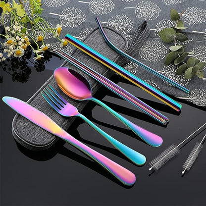 Travel Utensils with Case, Portable Travel Utensils Cutlery Set Stainless Steel Flatware Set for Camping 8pcs Including Dinner Knife Fork Spoon Chopsticks Boba Straw (Rainbow)