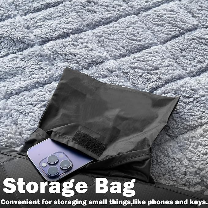 Waterproof Outdoor Blanket 82”X 55” Packable, Stadium Blankets for Camping with Sherpa Fleece Lining, Large Windproof Emergency Throw Mat for Garss Picnic Hiking Road Trip, Machine Washable, Black