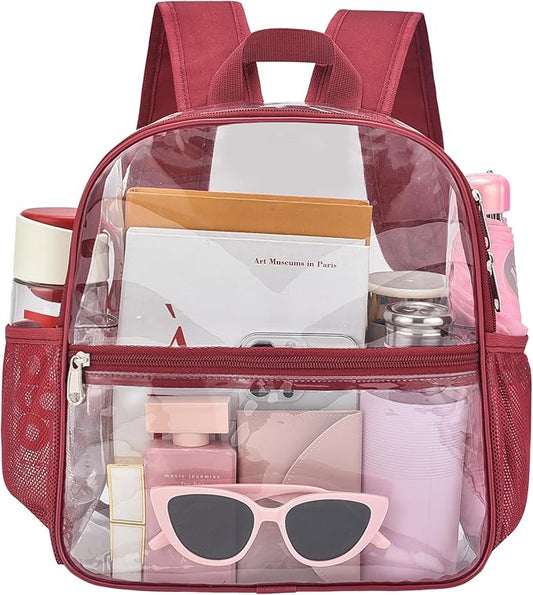 Oraben Clear Backpack for Stadium Events Clear Stadium Backpack 12x6x12 Bag (Enhanced Strap, Rose Red)