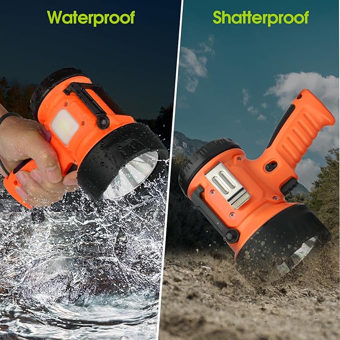 Rechargeable Spotlight Flashlight with 1000,000 Lumen LED, IP65 Waterproof Searchlight Handheld Work Light with Foldable Stand and Red Lens- Orange