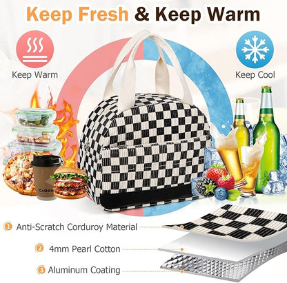 Lunch Box Lunch Bag for Women Men, Leakproof, Insulated Lunch Box Tote with Large Capacity, Lunch Container for Work/Office (Corduroy Black Checkered Pattern)