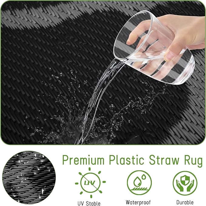 Easy-Going Reversible Outdoor Rugs 6x9ft Waterproof Plastic Straw Rug Stain & UV Resistant Floor Mat for Patio Porch RV Backyard Pool Deck Picnic Beach Trailer Camping (Moroccan Black & Grey)