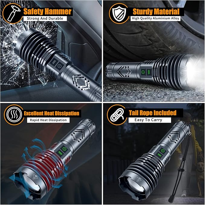 Rechargeable Flashlights 1500000 High Lumens,Super Bright LED Flashlight,Tactical Powerful Waterproof Handheld Flashlights with Zoomable 6 Modes,Output Funtion & 24H Long Life for Emergencies Camping
