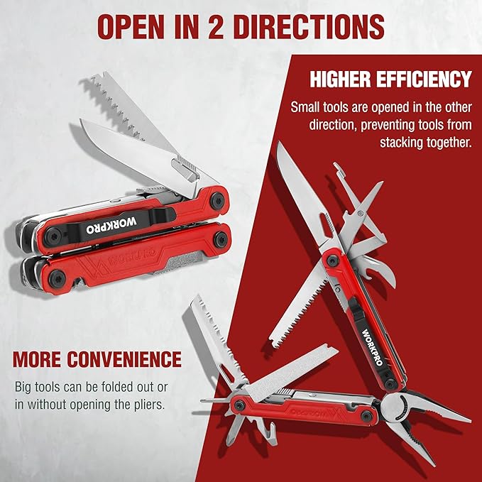 WORKPRO 18-in-1 Multi Tool Pliers, Stainless Steel EDC Multitool with Pocket Knife, 2 Safety Locks, Belt Clip and Oxford Pouch, Multipurpose Utility Multiuse Tool for Camping Outdoor Activities