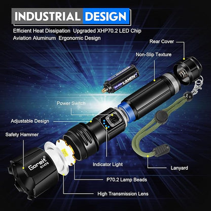 Goreit Flashlight High Lumens Rechargeable, 950000 Lumen Led Flashlights XHP70.2 USB Super Bright Flash Light Battery Powered, Powerful Handheld Flashlights for Emergencies Camping, IP67 Waterproof