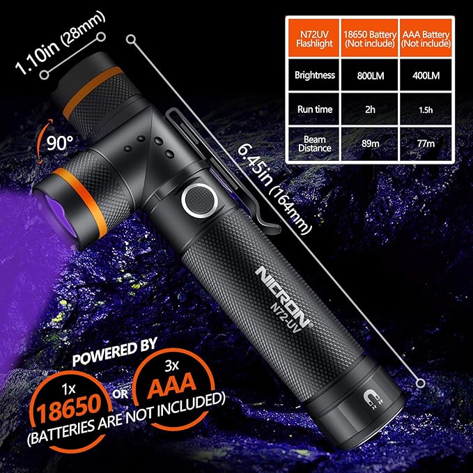 NICRON UV Flashlight, N72-UV 800LM White Light, Freely Switch Between White Light and UV Light Detector for Dog Urine, Wet Stains Bed Bugs,Camping, Outdoor,Maintain (18650/AAA Not Included)