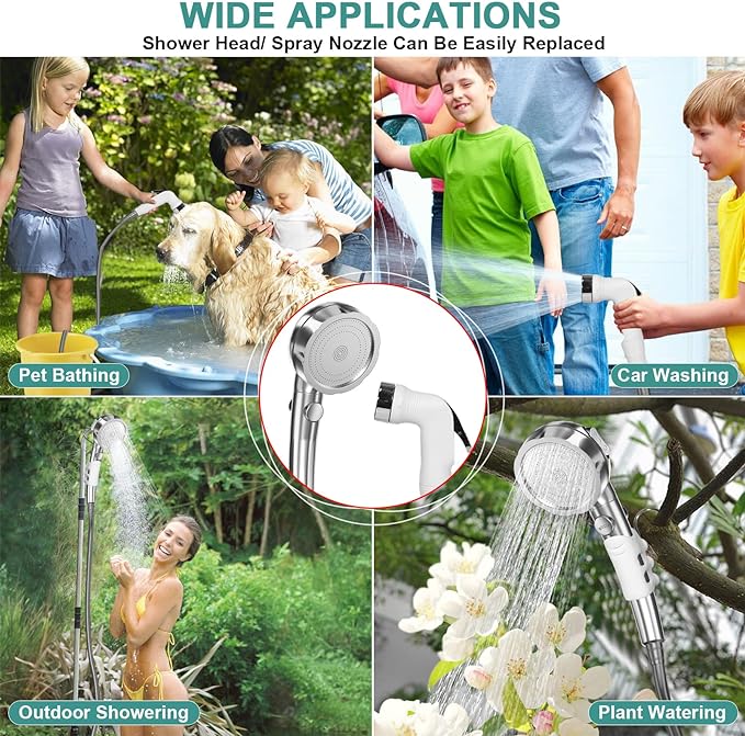 Portable Shower for Camping, Rechargeable Electric Camping Shower Pump with Battery Level Display, Multiple Spray Head with 3-Speed Mode & Pause Button for Outdoor Travel,Hiking, Easy to Store