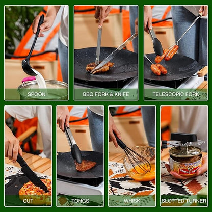 Camping Essentials Cookware Cooking Utensils Set - Camping Kitchen Utensils, Portable Outdoor Accessories, Stainless Steel & Silicone, Camping Gear Equipment for RV Picnic Grill