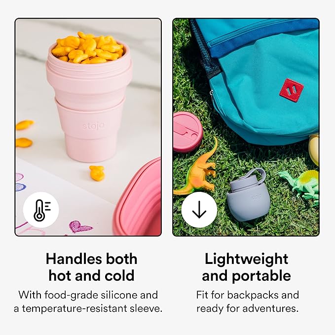 STOJO Jr Collapsible Travel Cup with Straw for Kids - Mimosa Yellow, 8oz / 250ml - Leak-Proof Reusable To-Go Pocket Size Silicone Bottle for Hot & Cold Drinks - Camping & Hiking - Dishwasher Safe