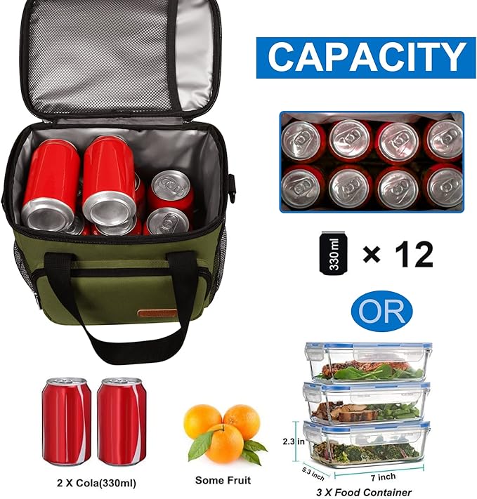 Femuar Lunch Bags for Women/Men, Insulated Lunch Bag for Work Office Picnic - Large Lunch Cooler Bag Leakproof Lunch Box with Adjustable Shoulder Strap for Adults - Army Green