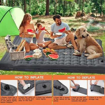 Double Sleeping Pad Camping, Self Inflating 4'' Extra-Thick 2 Person Pillow Built-in Foot Pump Waterproof Inflatable Sleeping Mat Backpacking, Tent, Hiking, Portable Camping Pad (Grey-Double)