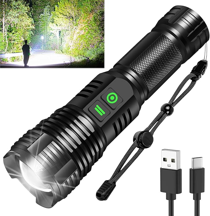 Rechargeable Flashlights, 100000 High Lumens Super Bright Led Tactical Flashlight with 5 Modes, High Power Waterproof Dual Button/Dual Interface Flashlight for Emergency, Outdoor, Camping, Hiking