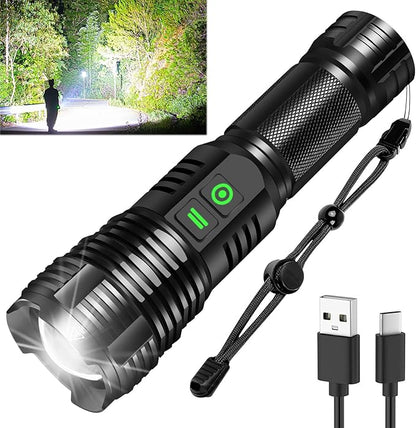 Rechargeable Flashlights, 100000 High Lumens Super Bright Led Tactical Flashlight with 5 Modes, High Power Waterproof Dual Button/Dual Interface Flashlight for Emergency, Outdoor, Camping, Hiking