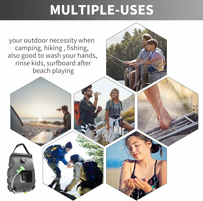 Solar Shower Bag, Solar Heating Camping Shower Bag, 5Gal(20L) Portable Camping Shower Bag, with Removable Hose and On-Off Switchable Shower Head, for Outdoor Traveling/Climbing/Hiking/Beach/Swimming