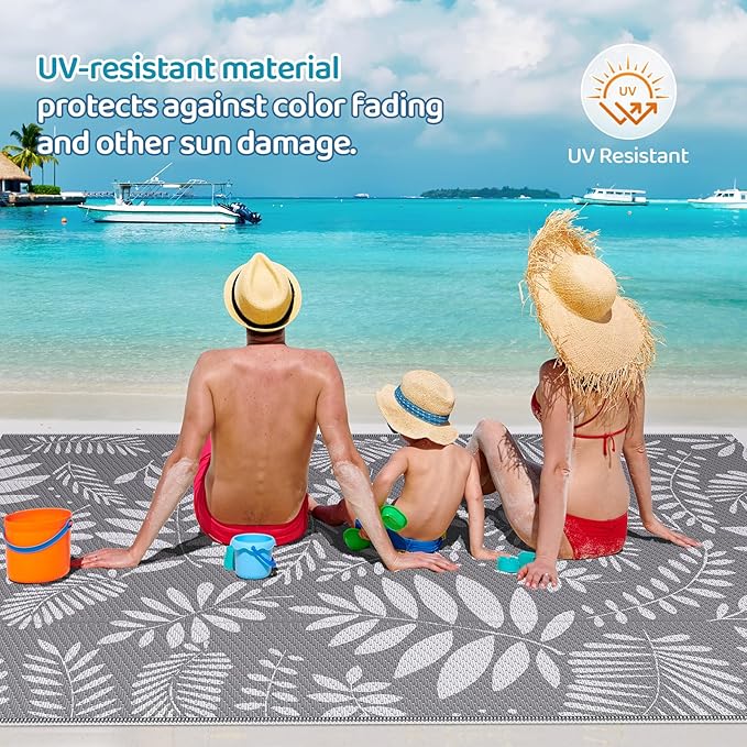 Outdoor Rug, Patio Rug, Plastic Straw Camping Rugs, Large Waterproof Area Rug and Mat for Outdoors, RV, Patio, Backyard, Deck, Porch, Beach, Balcony, (6'x 9', White&Gray)