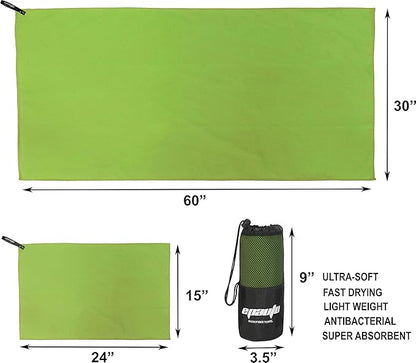 EPAuto 2-Pack Microfiber Fast Drying Travel Gym Towels, Green, (60''x30'', 24''x15'')