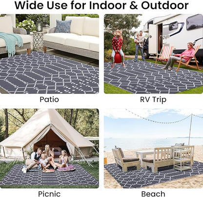 Smiry Outdoor Rug 5x8 ft, Waterproof Reversible Plastic Straw Rugs, Boho Outdoor Area Rug, Outside Floor Mat for Patio, Backyard, Deck, Picnic, Beach, Camping, Grey