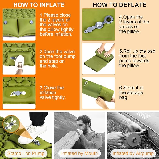 Double Sleeping Pad, Ultralight 4" Extra-Thick Self Inflating Sleeping Mat for 2 Person with Pillow Built-in Foot Pump Portable Camping Mat for Backpacking, Hiking, Traveling (Double Army yellow)