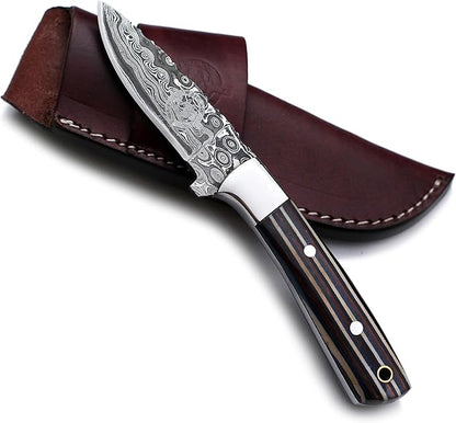 Handmade Damascus Steel Knife for Hunting,Survival,Camping,Bushcraft,and Fishing,Fixed Blade with Drop Point Full Tang Micarta Handle, Leather Sheath - WKD-808