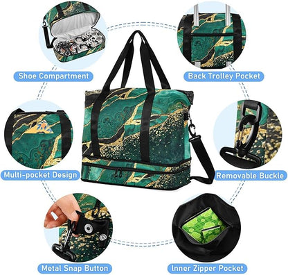 Marble Weekender Bag for Women, Malachite Green Marble Gym Bag Sports Duffle Bag Travel Tote Bag with Toiletry Bag Shoes Compartment Dry/Wet Separation Swim Bag