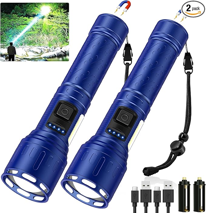 Rechargeable Magnetic Flashlights 100,000 High Lumens, Super Bright LED Powerful Flashlight 8 Modes with COB Work Light, Waterproof Handheld Flash Light for Camping (2 Pack with Paper Box, Blue)