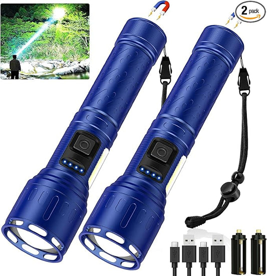 Rechargeable Magnetic Flashlights 100,000 High Lumens, Super Bright LED Powerful Flashlight 8 Modes with COB Work Light, Waterproof Handheld Flash Light for Camping (2 Pack with Paper Box, Blue)