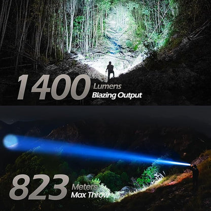 FORTO Compact Rechargeable Spotlight with Adjustable Focus, Handheld Spotlight with Stand, 823m Range, 3 Light Modes and LED Spot Lights Outdoor for Boating Hunting Camping Hiking，1400 Lumens