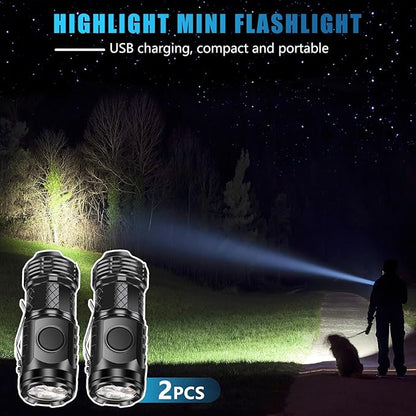 2 Pcs Mini Flashlight Rechargeable, Pocket Flashlight Super Bright 5 Modes, Powerful Mini Flashlight Portable Small LED Flashlight for Camping Outdoor