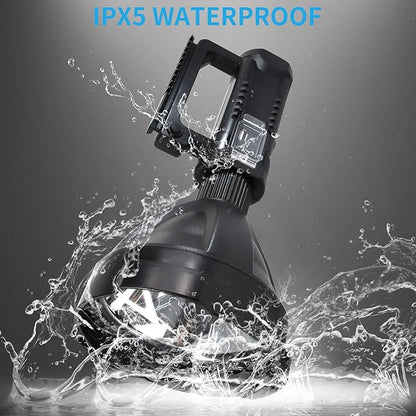 Foleto Rechargeable LED Spotlight Flashlights 120000 High Lumens, Super Bright Flashlight with 4 Modes IPX5 Waterproof, Large Searchlight for Fishing, Hiking and Camping with Tripod