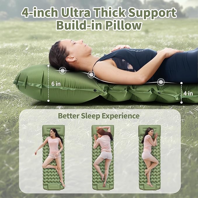 Sleeping Pad for Camping - 4” Thick Inflatable Camping Mattress with Built-in Pump & Pillow, Ultralight Self Inflating Air Mattress, Backpacking Sleeping Mat for Hiking, Olive Green