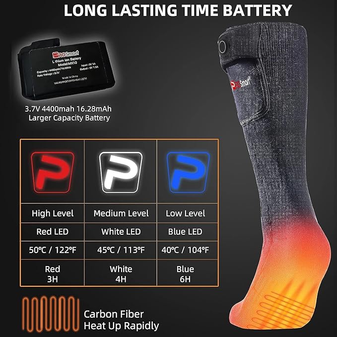 PROSmart Heated Socks Rechargeable Electric Sock - Battery Operated Thermal Warming Socks for Men & Women Suitable for Outdoor Hunting Cold Winter Skiing Camping