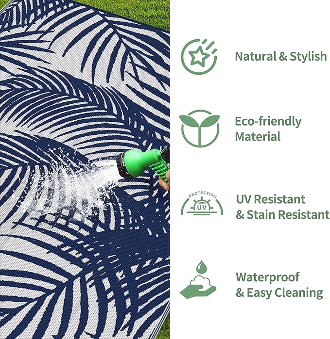 GENIMO Outdoor Rug 6' x 9' Waterproof for Patio Clearance, Reversible Plastic Straw Camping Carpet, Lightweight Mats for Rv, Backyard, Deck, Porch, Picnic, Beach, Balcony, Blue & White
