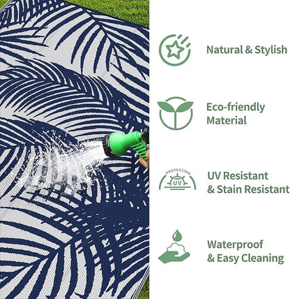 GENIMO Outdoor Rug 6' x 9' Waterproof for Patio Clearance, Reversible Plastic Straw Camping Carpet, Lightweight Mats for Rv, Backyard, Deck, Porch, Picnic, Beach, Balcony, Blue & White